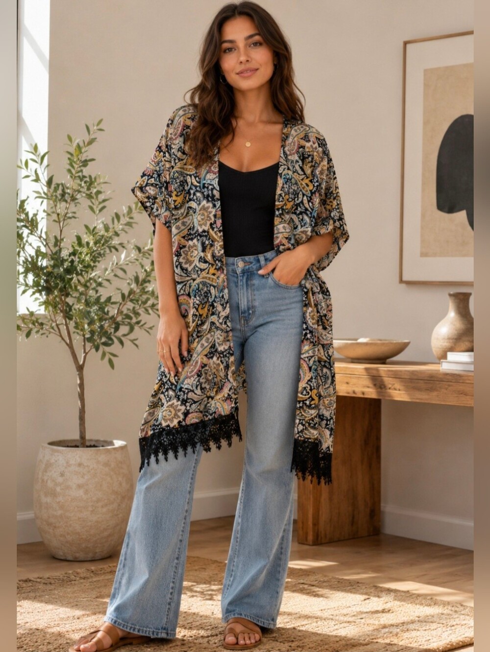 Paisley Short Sleeve Kimono with Fringe Trim